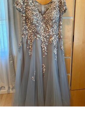 La Femme Silver Gray Embroidered V-Neck Tulle Maxi Gown
